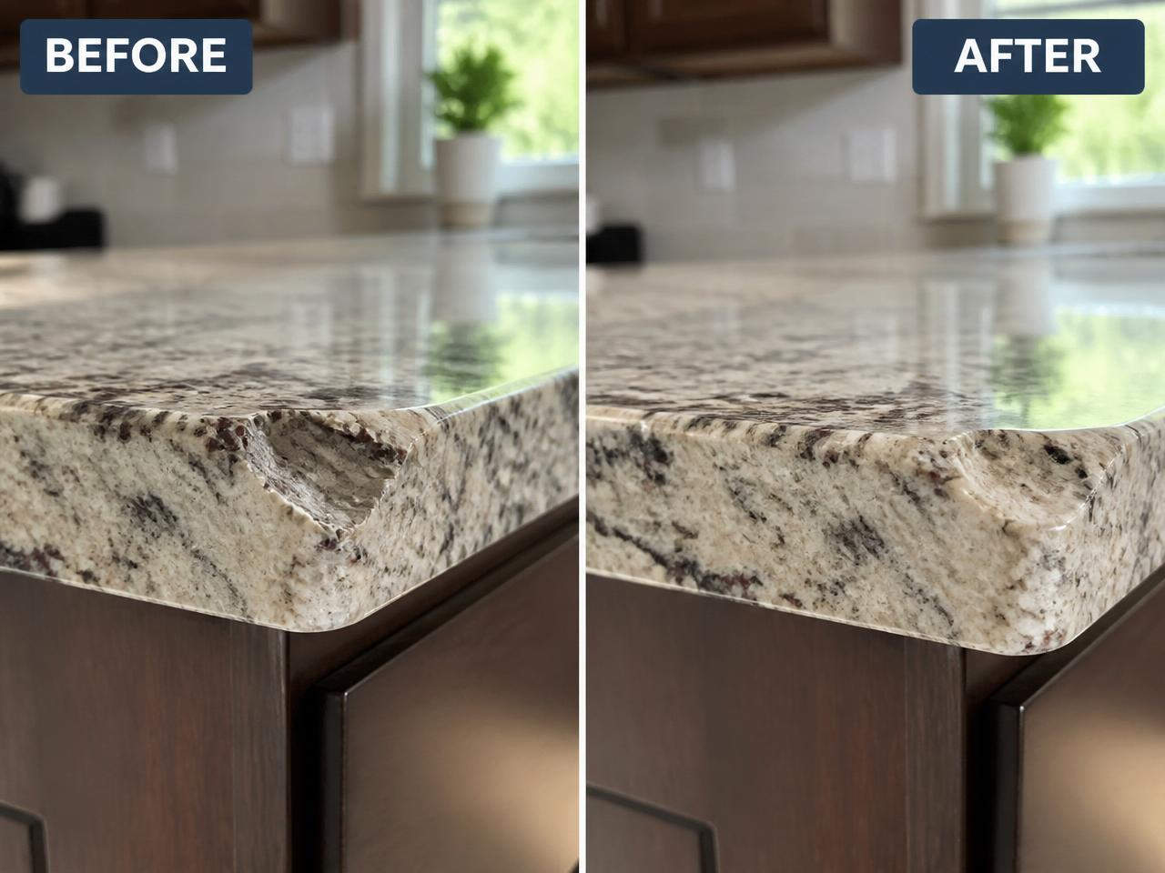 Before and after: chipped granite countertop edge repaired