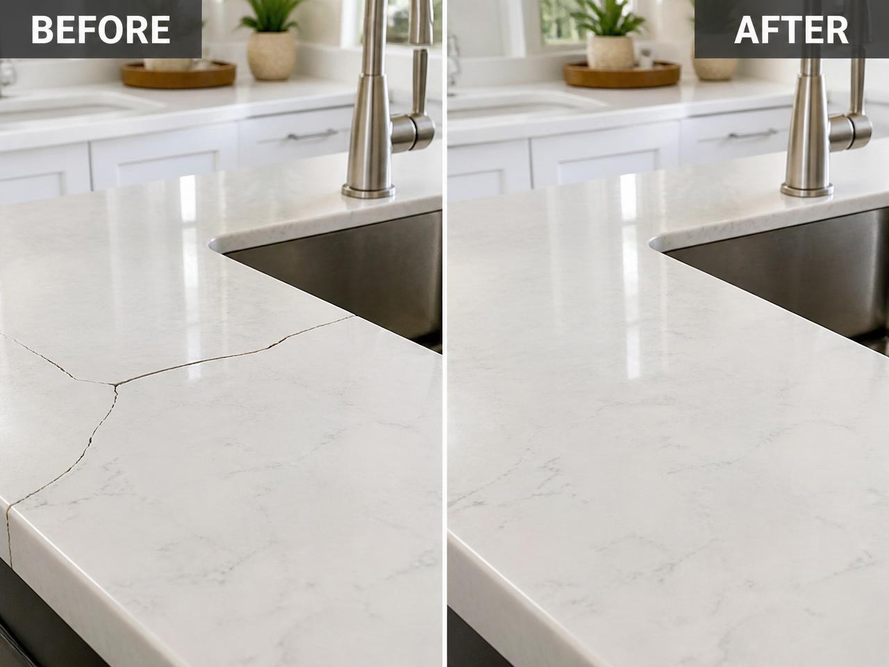 Before and after: cracked white quartz countertop restored