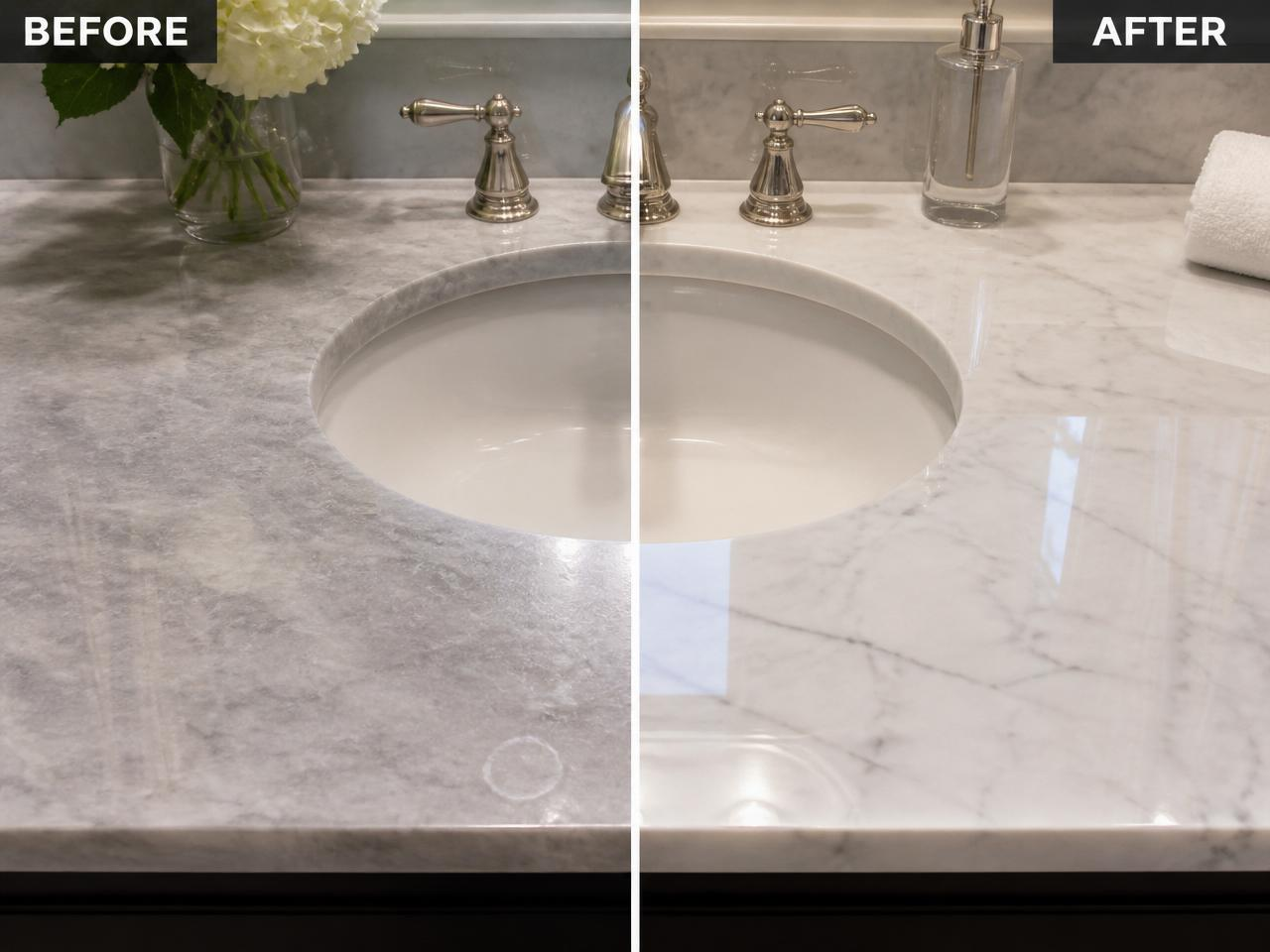 Before and after: marble bathroom vanity polished and restored