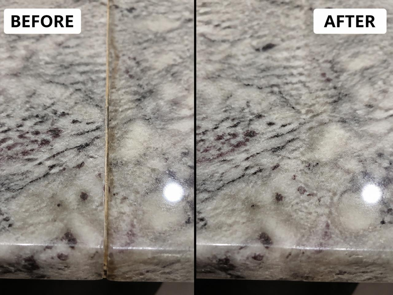 Before and after: separated stone countertop seam re-finished